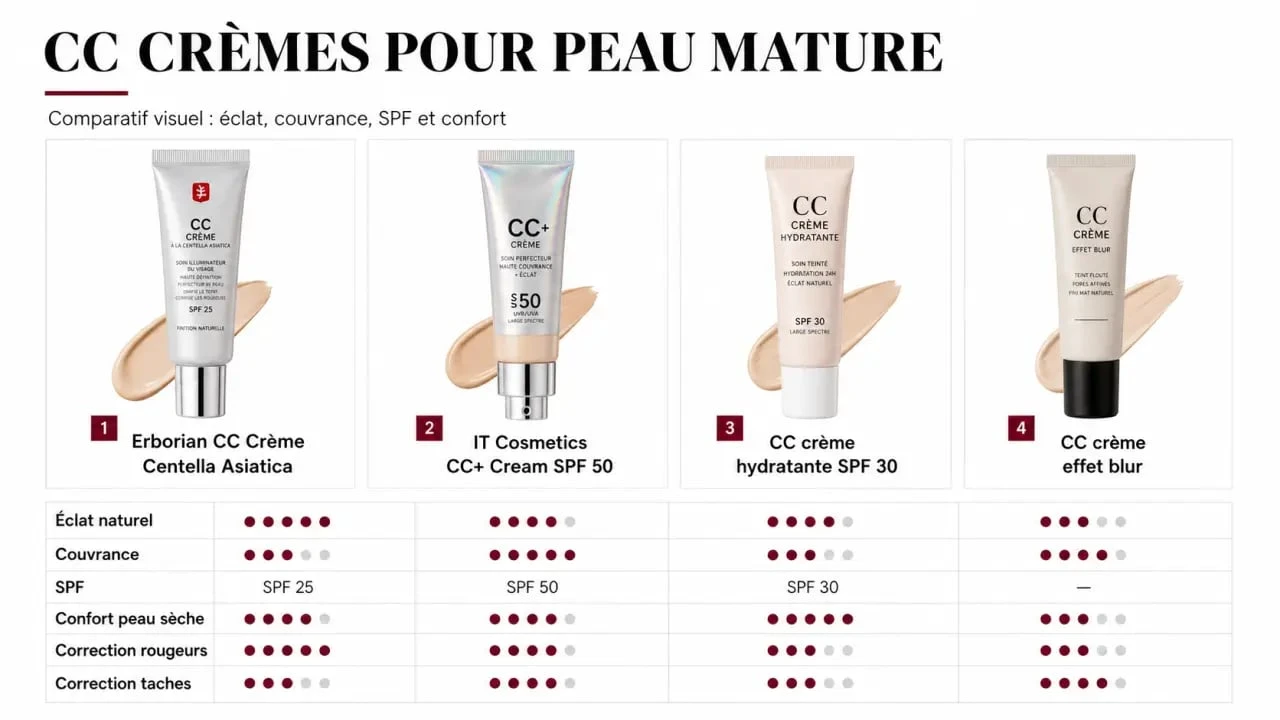 Comparatif de la meilleure cc crème pour peau mature avec SPF, couvrance et éclat