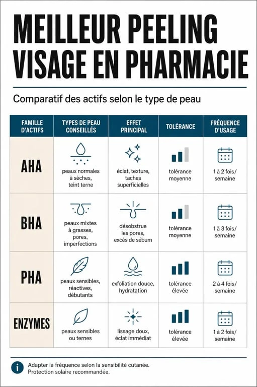 Infographie comparative sur le meilleur peeling visage pharmacie selon le type de peau et les actifs AHA, BHA, PHA et enzymes