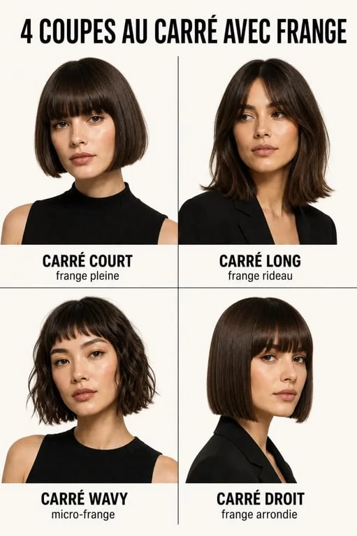 Coupes carré frange : quatre variantes de carré avec frange en illustration éditoriale