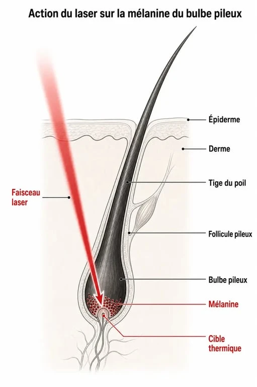 Schéma explicatif du fonctionnement de l'épilation définitive au laser sur le bulbe pileux