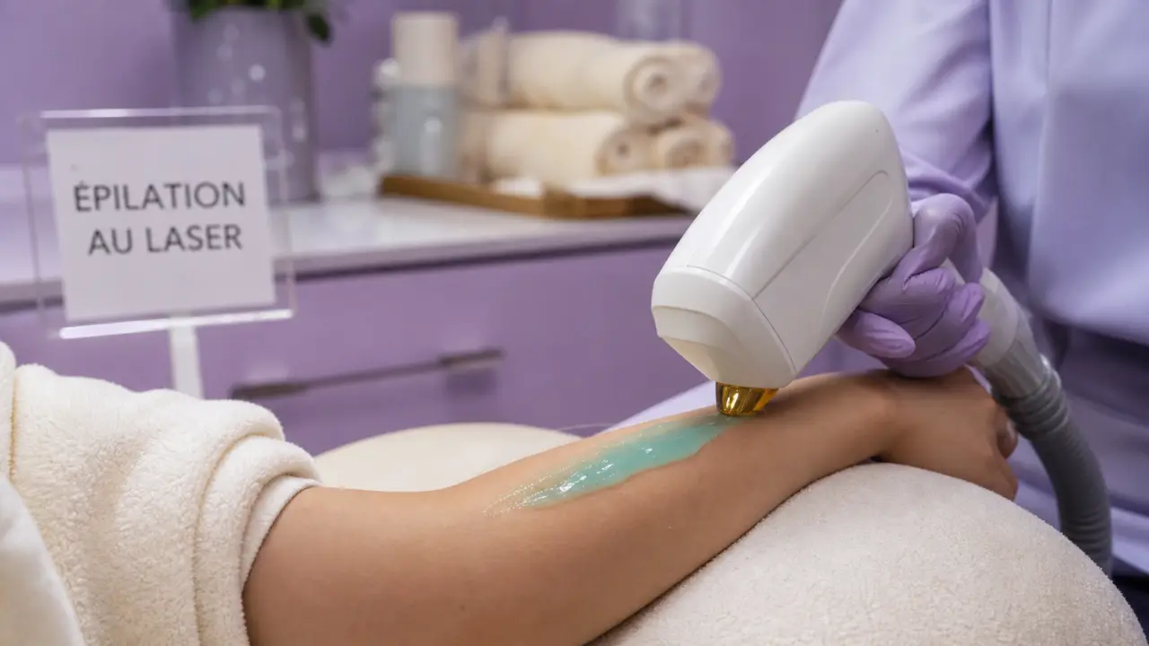Épilation définitive au laser : praticienne applique le gel sur un bras