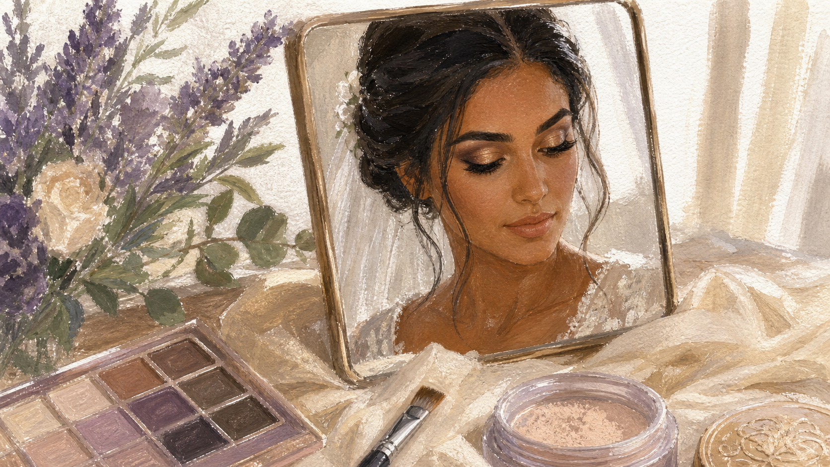 Maquillage pour mariée brune : teintes lumineuses, longue tenue