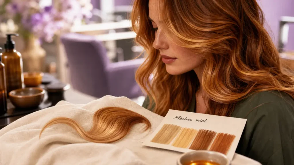 Mèche rousse et miel : la lumière dorée qui garde la chaleur du roux