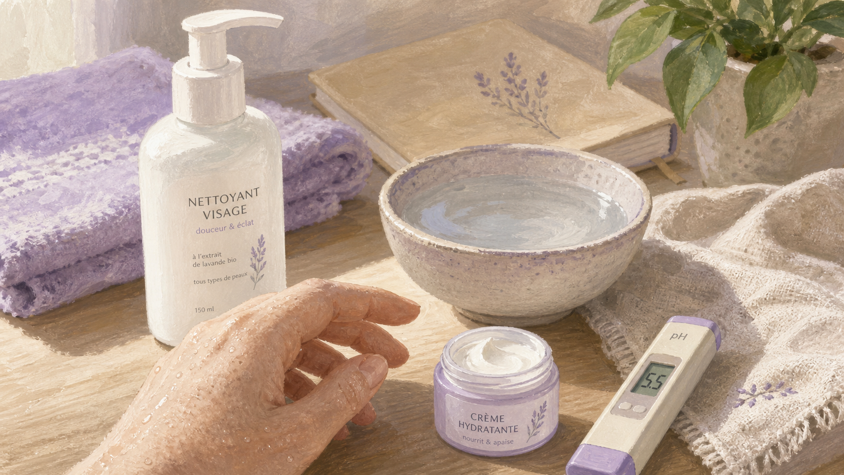 Meilleur nettoyant visage : flacon, pH-mètre et eau tiède pour le bon pH