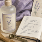 Meilleur shampoing sans sulfate sans silicone sans paraben : flacon et INCI sur fond lin lavande