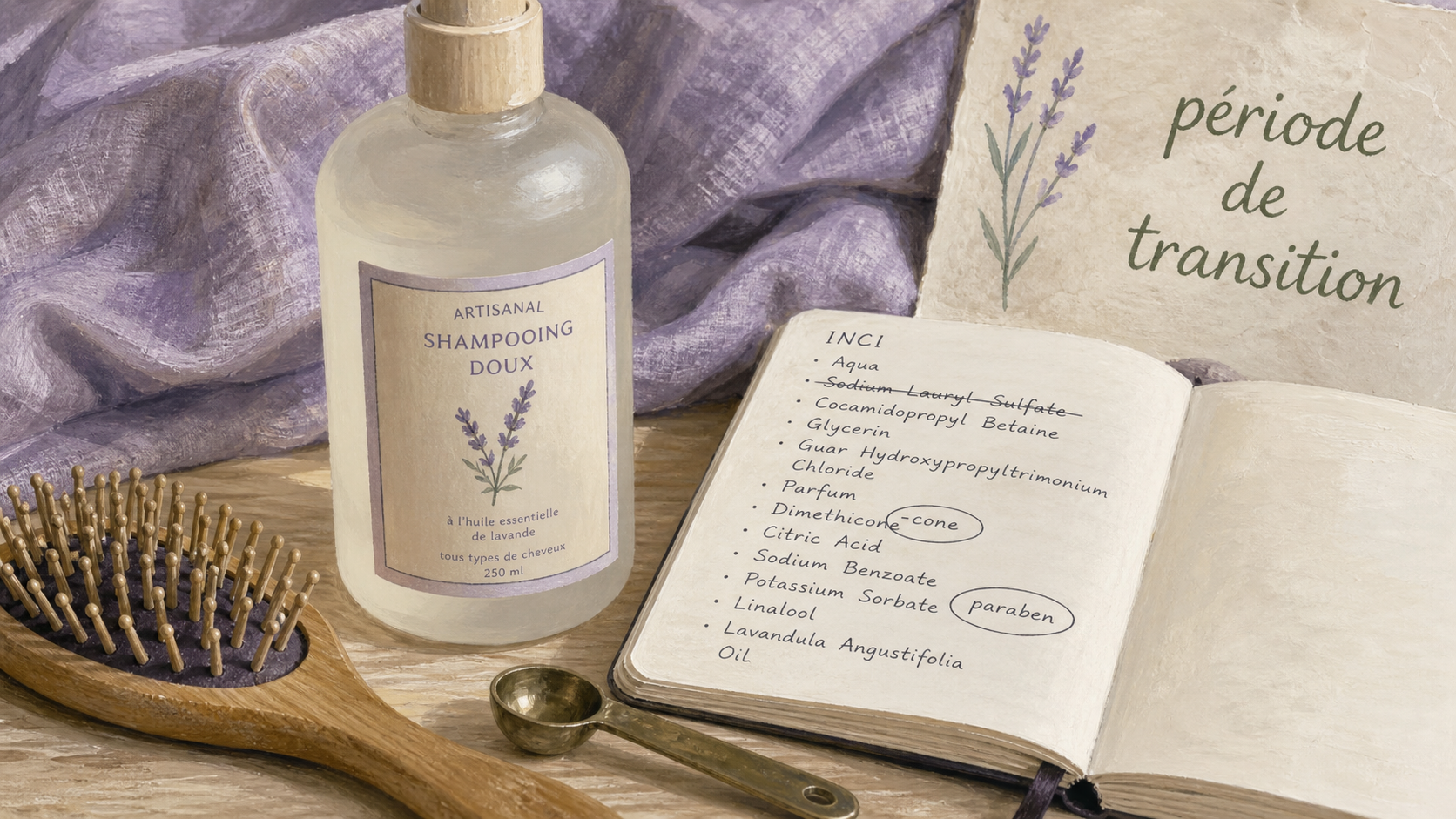 Meilleur shampoing sans sulfate sans silicone sans paraben : flacon et INCI sur fond lin lavande