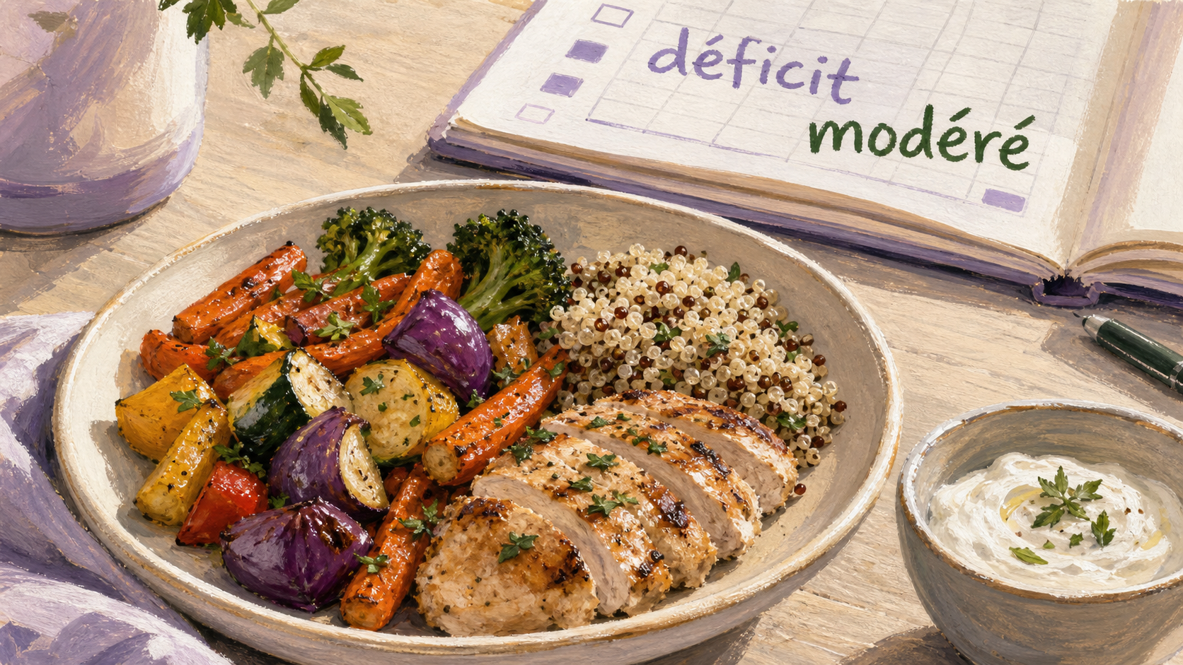 Nutrition perdre du poids : déficit modéré 350 à 700 kcal, assiette équilibrée