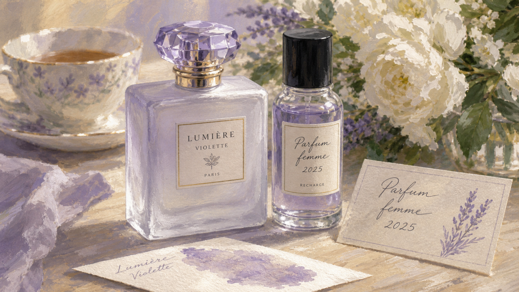 Parfum femme 2025 : flacon rechargeable et flacons floraux lumineux sur table