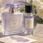 Parfum femme 2025 : flacon rechargeable et flacons floraux lumineux sur table
