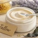 Beef tallow crème visage : pot crème beige, spatule et ingrédients naturels sur table