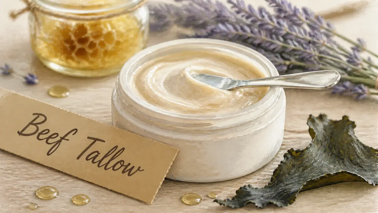 Beef tallow crème visage : pot crème beige, spatule et ingrédients naturels sur table