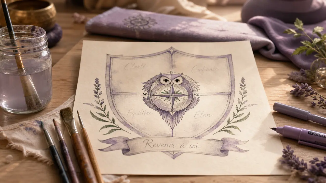 Blason développement personnel a remplir : valeurs, forces et devise
