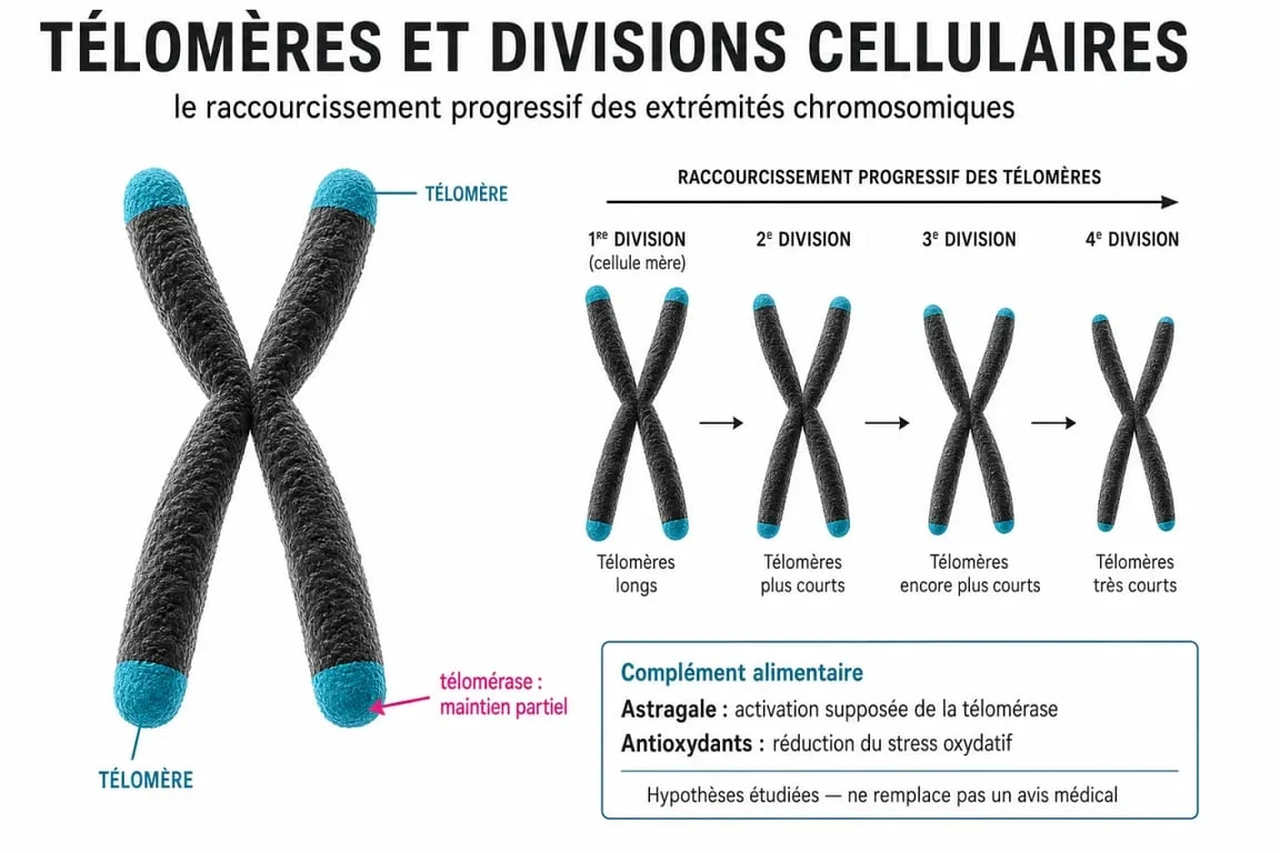 Infographie sur la télomérase complément alimentaire : télomères, astragale, antioxydants et précautions d’emploi