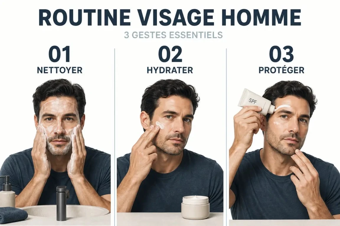 Routine soins du visage homme en trois étapes : nettoyer, hydrater et protéger