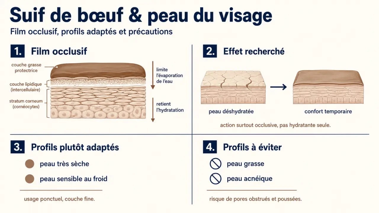 Infographie beef tallow crème visage : film occlusif, types de peau adaptés et précautions d’usage