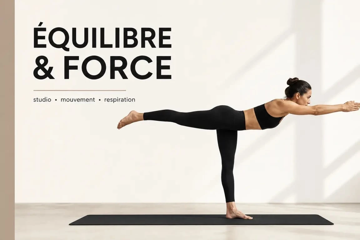 Tenue yoga femme en legging taille haute et brassière dans une posture de yoga dynamique