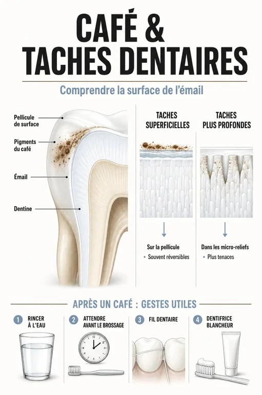 Infographie sur les taches café dents montrant les causes, la différence entre taches superficielles et profondes, et les gestes de prévention