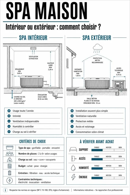Spa maison : comparaison visuelle entre spa intérieur et spa extérieur avec critères de choix