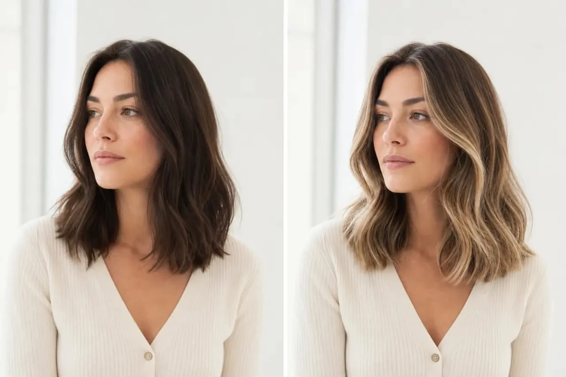 Blonde meche chocolat sur cheveux mi-longs avec mèches blondes et chocolat lumineuses