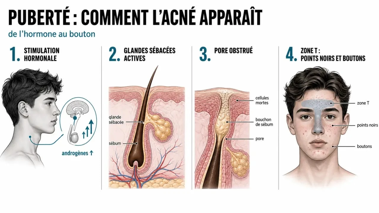 Soin visage ado : schéma de la puberté, du sébum aux points noirs et boutons