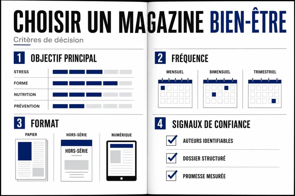 Magazine bien être : tableau comparatif éditorial des critères pour choisir un titre selon l’objectif, le format et la fréquence