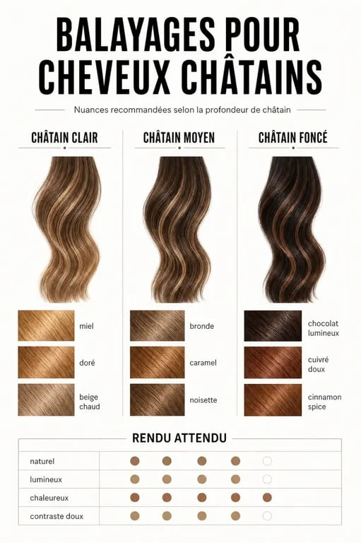Balayage pour cheveux chatain : infographie comparative des nuances idéales pour châtain clair, moyen et foncé