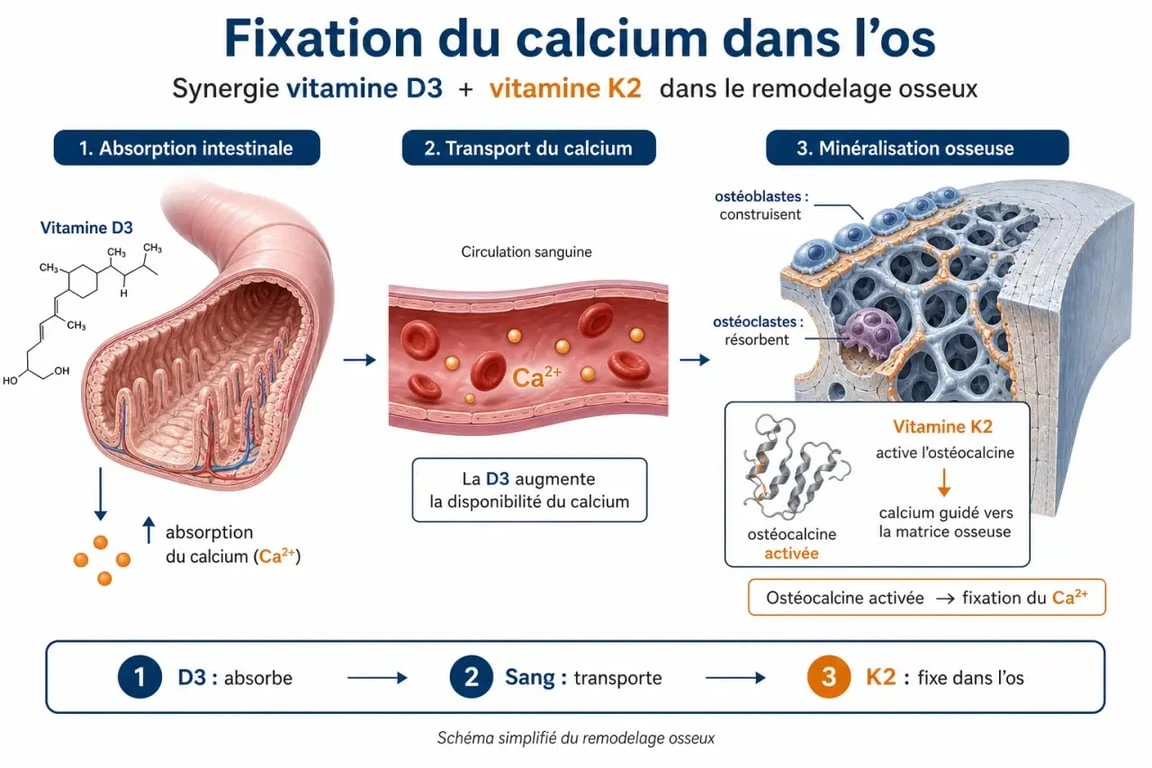Schéma du mécanisme de fixation du calcium avec vitamine D3 et K2 pour le complément alimentaire Osteoforce calcium K2