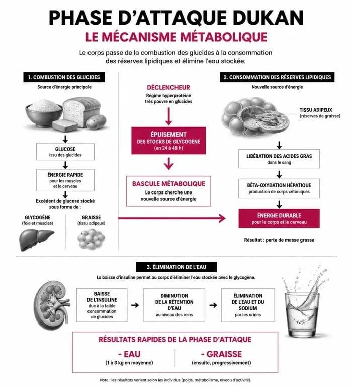 Infographie expliquant le mécanisme physiologique de la phase d'attaque du régime Dukan et la perte de poids associée