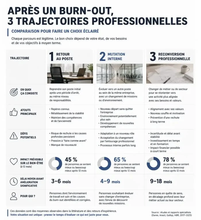 Infographie comparative des options professionnelles pour rebondir après un burn-out