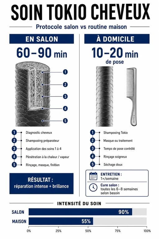 Soin tokio cheveux : comparaison entre protocole salon et entretien à la maison