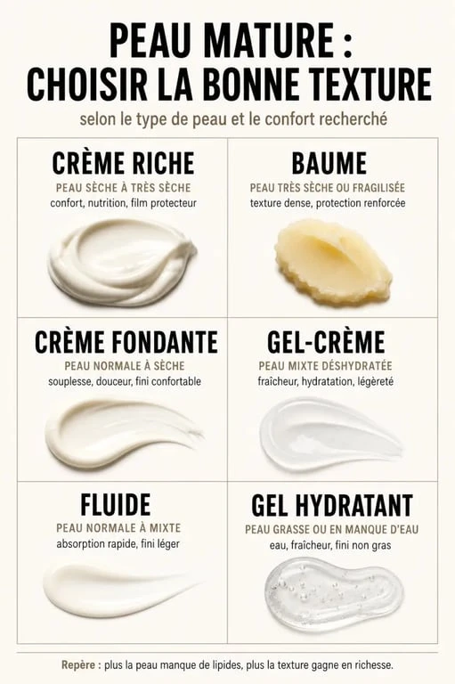 Comparatif des textures de soin visage peau mature selon le type de peau