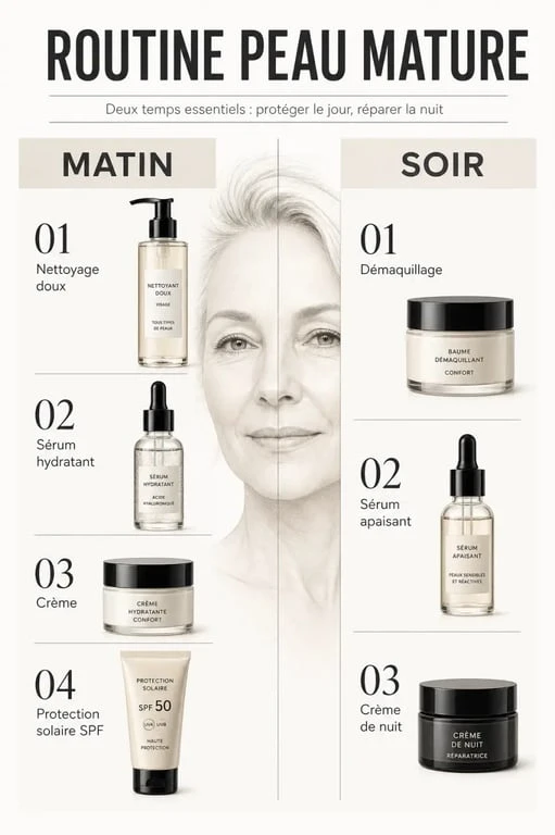 Routine soin visage peau mature matin et soir avec sérum, crème et protection solaire