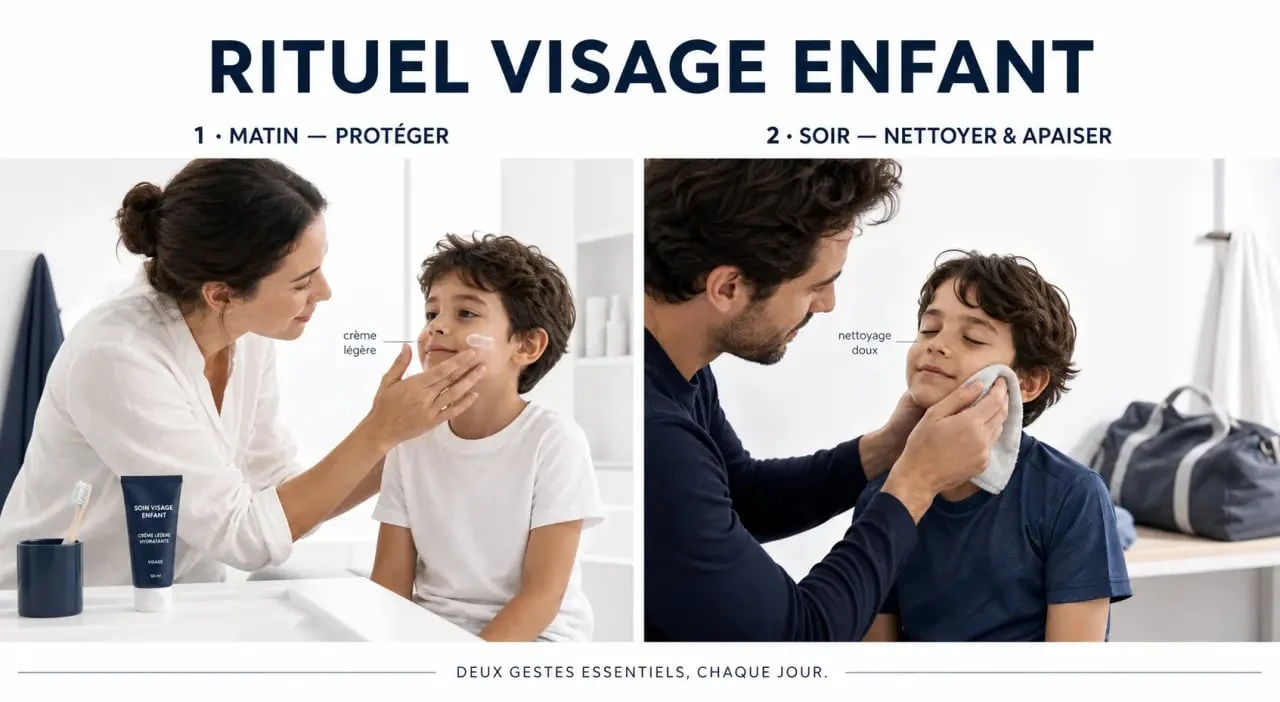 Soin visage enfant : routine douce en deux étapes le matin et le soir pour peau sensible