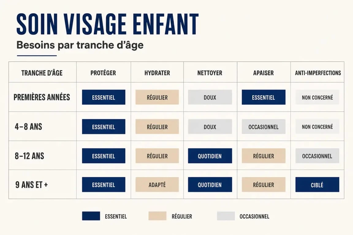 Soin visage enfant : tableau visuel des besoins par âge et des gestes doux à privilégier