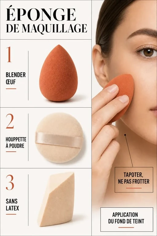 Éponge pour maquillage : comparaison visuelle des types et geste d’application sur le teint