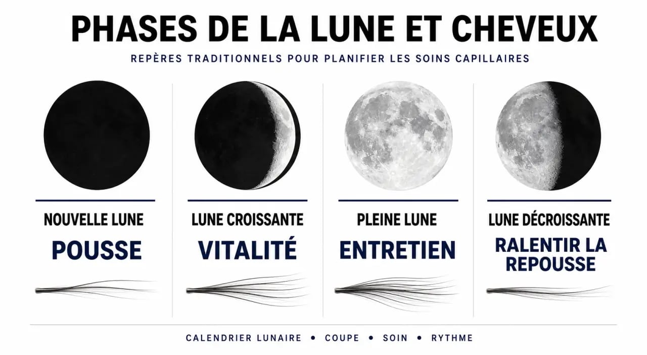 Beauté lunaire : pourquoi couper ses cheveux selon les phases de la lune ? calendrier visuel des phases lunaires et objectifs capillaires
