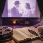 Film développement personnel, cinéma et introspection : bobine de film et notes.