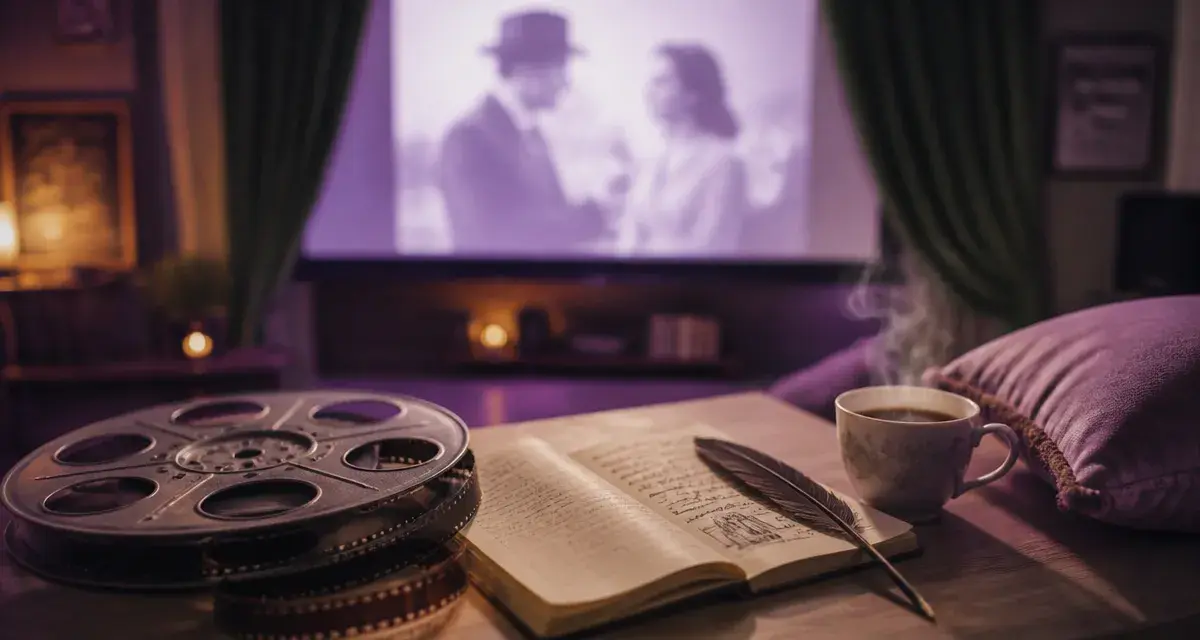 Film développement personnel, cinéma et introspection : bobine de film et notes.