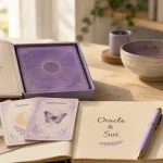 Oracle développement personnel sur table en bois, cartes ouvertes