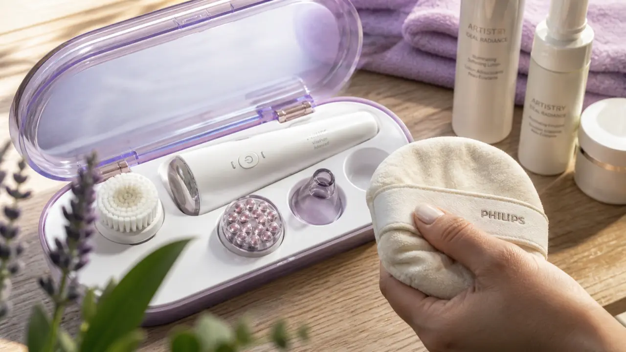 Appareil soin visage LED, radiofréquence ou microdermabrasion sur table beauté