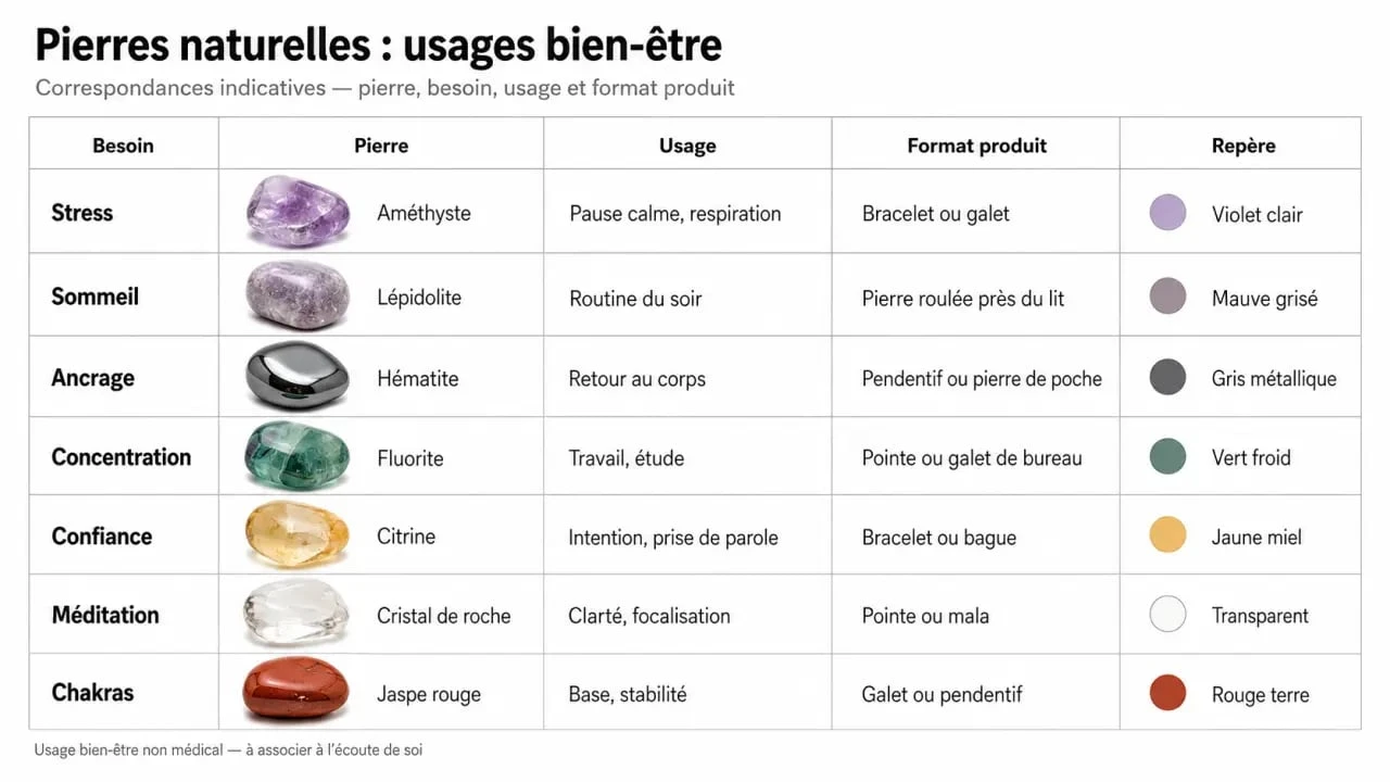 Bien être par les pierres : tableau visuel des pierres naturelles selon le besoin, l’usage et le format