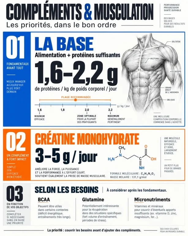 Infographie sur le complément alimentaire musculation et les priorités entre protéines, créatine, BCAA et micronutriments