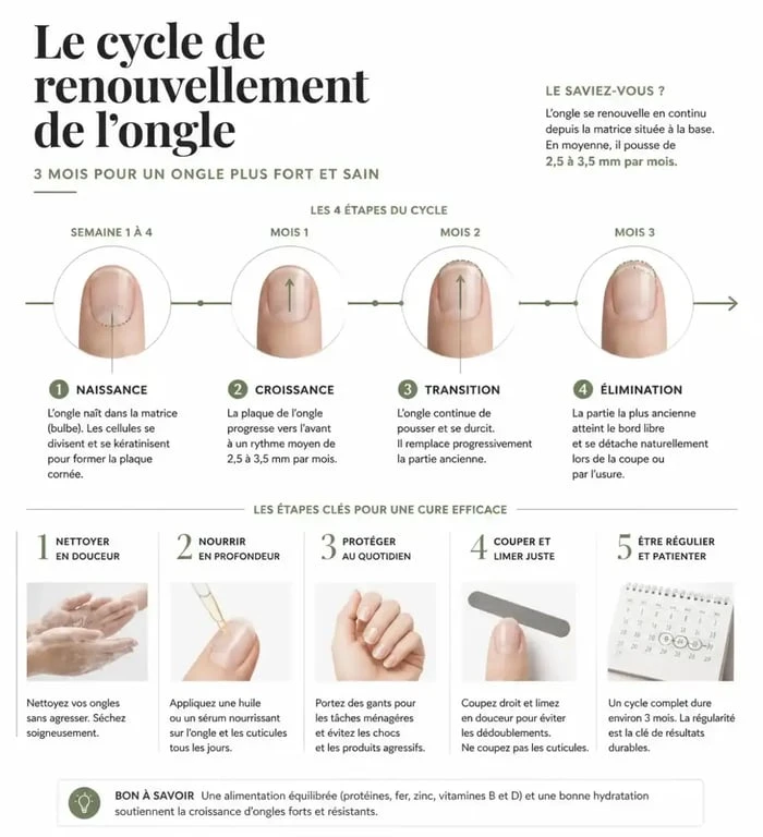 Infographie du cycle de cure de 3 mois pour des compléments alimentaires ongles