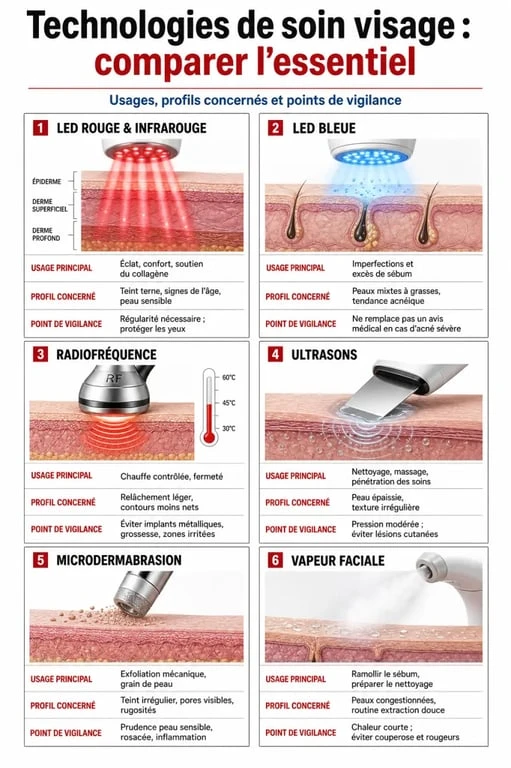 Appareil soin visage : comparaison visuelle des technologies LED, radiofréquence, ultrasons et nettoyage