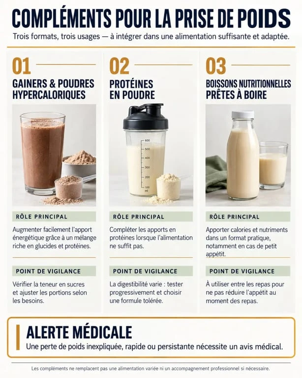 Infographie sur le complément alimentaire prise de poids et les points de vigilance selon le type de produit