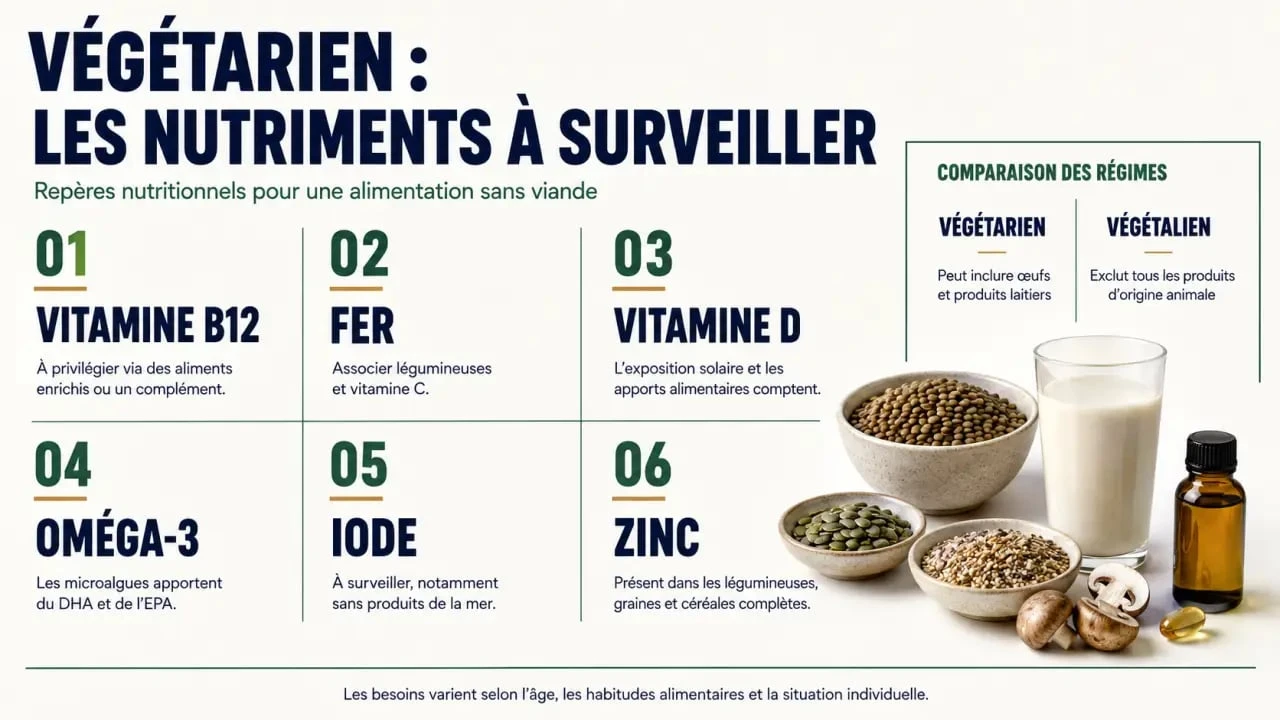 Complément alimentaire végétarien : infographie des nutriments à surveiller chez les végétariens et végétaliens