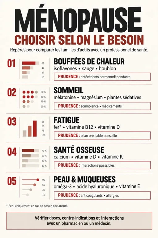 Infographie sur le choix d’un complément alimentaire pour la ménopause selon les symptômes et les précautions