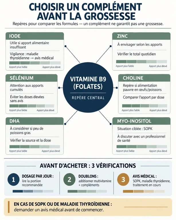 Infographie sur le complément alimentaire pour tomber enceinte et les ingrédients à comparer