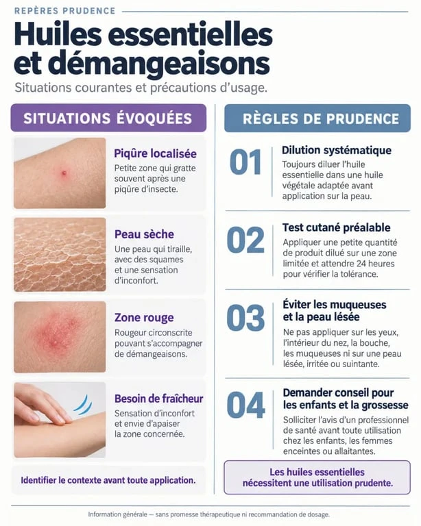Infographie sur les huiles essentielles pour démangeaison et les principales précautions d'utilisation