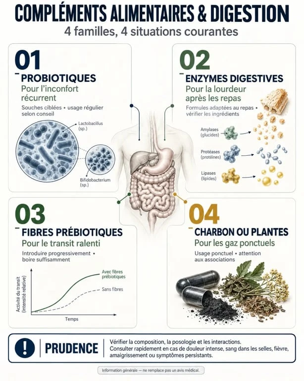 Infographie sur les familles de complément alimentaire digestion et leurs usages selon les symptômes
